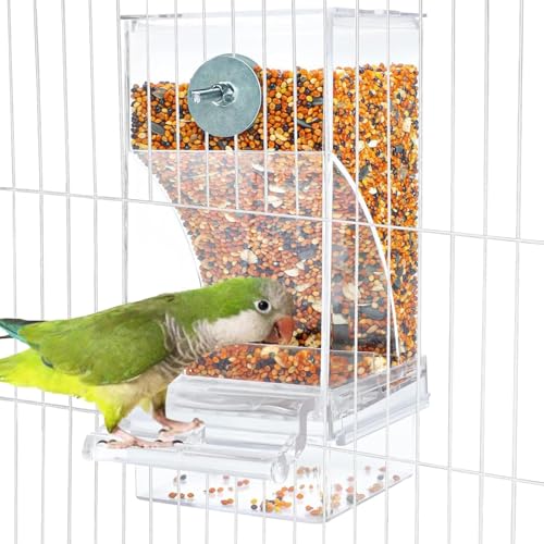 Automatic Bird Cage Feeder No Mess Parakeet Feeder Seed Food Container Feeding Station Cage Accessories for Small Birds Parrot Canary Lovebirds(Transparent) - color: Transparent, size: 1Pcs