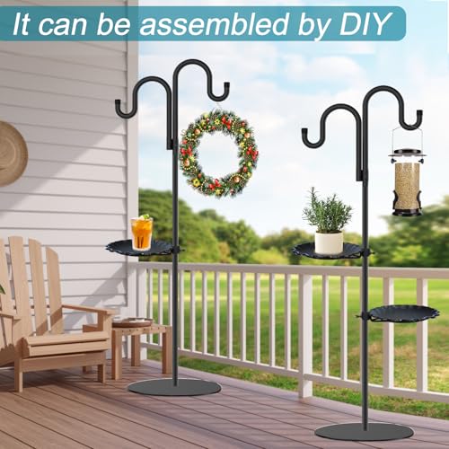 Upgraded 74" Shepherd's Hook Stand plant，Bird Feeder，Wind Chime Hanger Stand, Waterproof Metal & Adjustable-Height Standing Pole Holder for Lantern and Wreath, Indoor & Outdoor（2 Placement Racks)