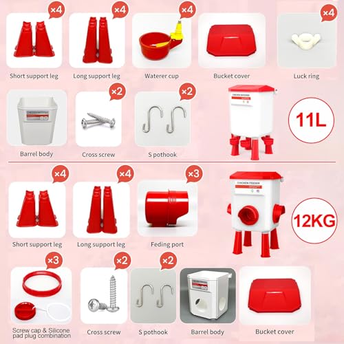 Chicken Feeder and Waterer Set, Chicken Coop Accessories with Hanging Chicken Feeder and Hanging Chicken Waterer Kit No Waste, 3 Gallon/26 Pounds, Red - color: Red, size: 12KG