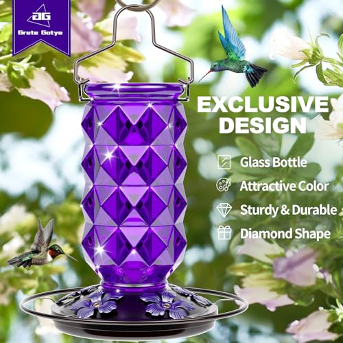2 Pack Glass Hummingbird Feeders for Outdoors, 25 Ounces Wild Bird Nectar Feeder with Perch & 5 Flower Feeding Ports Leak Proof Hanging for Garden Backyard Decor, Gifts for Women Mom, Red & Purple - color: 2 Pack Diamond Sparkling Red & Purple