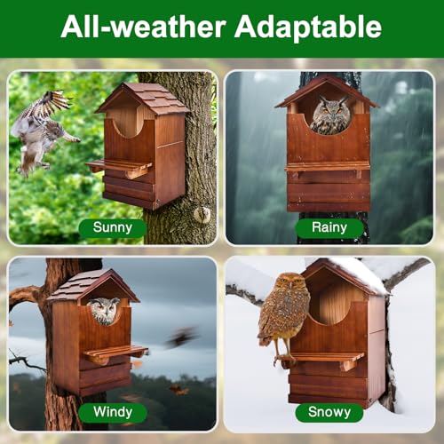 Large Barn Owl House, Large Opening Wooden Owl Houses for Outdoors, Ventilated and Moisture-Protected OwlBox with Mounting Screws and A Bag of Wood Shavings(8 * 7 * 15inch)