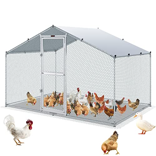 VEVOR Large Metal Chicken Coop with Run, Walkin Chicken Coop for Yard with Waterproof Cover, 6.5 x 9.8 x 6.4 ft, Spire Roof Large Poultry Cage for Hen House, Duck Coop and Rabbit Run, Silver - size: 118.0"L x 78.0"W x 78.0"H