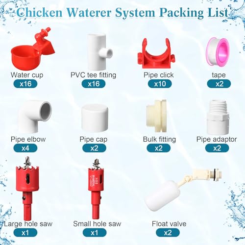 58 Pcs Automatic Chicken Waterer System Set, Chicken Watering System Kit with 16 Water Cups, 1/2" PVC Tee Fitting and Other Parts, Watering Complete Set for Turkey Duck Poultry Pigeon Quail
