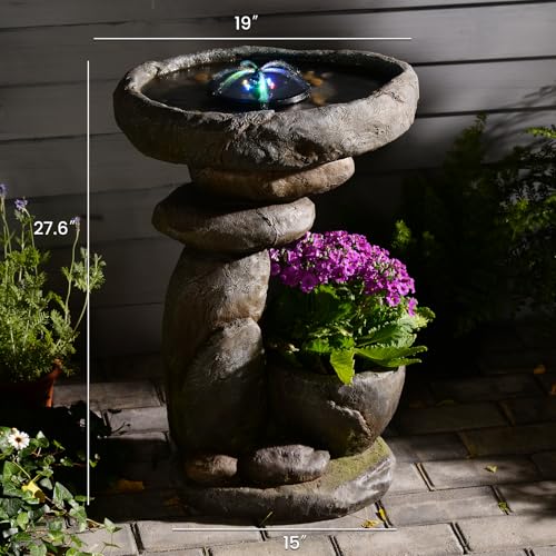 Solar Fountain for Bird Bath, Water Fountain Outdoor with Planter, Freestanding Rock Solar Waterfall with LED Lights for Garden, Patio, Yard - color: Gray-28 in