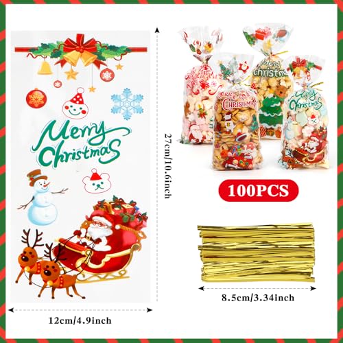 Yicelerate Christmas Cellophane Treat Bags, 100 PCS Christmas Gift Bags, Clear Plastic Cello Xmas Tree Candy Cookie Snacks Bakery Goodie Bags With 100 PCS Ties for Xmas Holiday Party Favors Supplies - color: Christmas, size: 1 count (Pack of 100)