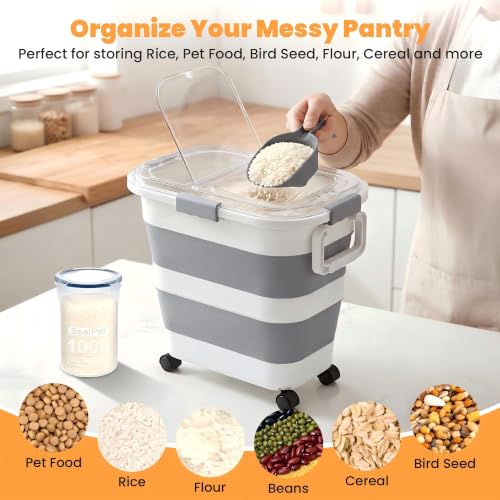 30 Lbs Rice Container, Collapsible Dog Food Storage Container | Airtight Cat Food Container with Wheels, Transparent Lid, Measuring Cup, Scoop and Handle, BPA Free for Pet Food, Bird Seed - size: 30lbs