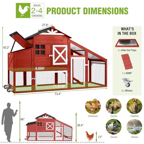 GUTINNEEN Chicken Coop with Wheels for 2-4 Chickens, Large Wooden Outdoor Hen House with Run, Waterproof & UV-Resistant Roof, Removable Leakproof Tray and Divided Nesting Box– Red - color: (Red-AIR32)