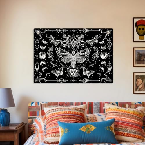 Gothic Death Moth Black and White Tapestry Banner Flag 28.5x20 Inch | Celestial Moon & Floral Wall Decor for Bedroom Living Room Dorm Witchy Space,Perfect Gifts for Goth Fans Dark Aesthetic Lover - color: Multi 0666