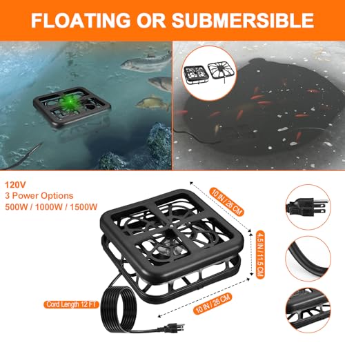 Aobiono Upgraded Pond Heater De-Icer with Light Indicator, Automatic Thermostatic Control 48°F On / 95°F Off, Keeps Ice Hole for Fish Koi Ponds, Stock Tanks, Bird Baths, 12 ft Cord (500W)
