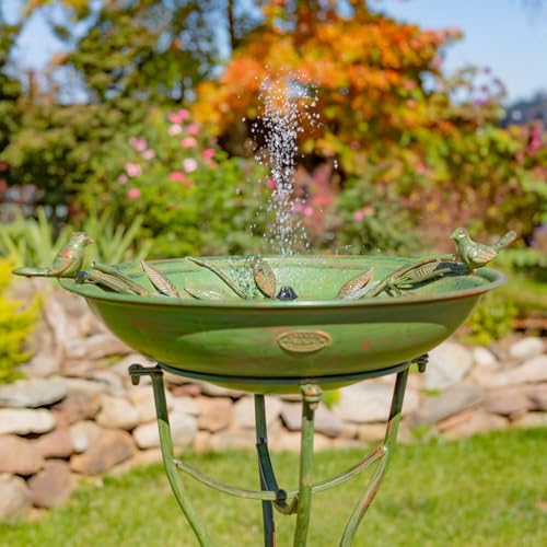 Zaer Ltd. Deep Well Made Metal Birdbath with 2 Cast Iron Birds and Leaf Decoration (Verdi Green) - color: Verdi Green