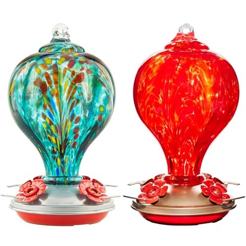 2 Packs Hummingbird Feeder for Outdoors Hanging Ant and Bee Proof, 32OZ Hand Blown Glass Hummingbird Feeders for Outside, Christmas Decoration Gifts for Mom (Teal & Red) | LaElvish Garden 2 Packs Hummingbird Feeder for Outdoors Hanging Ant and Bee Proof,