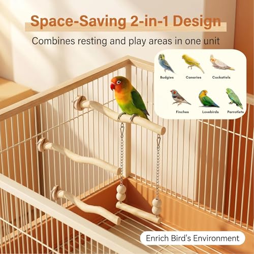 Bird Perch and Swing Set for Small Birds, Natural Wood Cage Accessories | 2-in-1 Integrated Perch with Hanging Swing for Budgies, Parakeets, Cockatiels & Lovebirds, Encourages Climbing & Activity - size: Medium