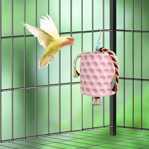 Bird Beak Grinding Stone, Parrot Chew Toys with Bells, Bird Toys, Cage Accessories for African Grey, Amazon Parrots, Budgies, Cockatiels, Lovebirds, Conures, Quakers, Small to Medium Birds - color: Pink