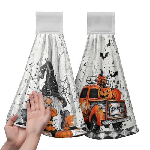 Halloween Gnome Pumpkins Hanging Hand Towels Set of 2 Bats Spider Webs Truck Kitchen Towels with Hanging Loop Orange and Black Seasonal Tea Towel Soft Absorbent Fingertip Tie Towels for Bathroom - color: Gnome Pumpkin-a
