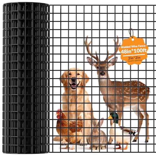 Welded Wire Fencing 2 ‘’x 2‘’ 48in x 100 ft，Vinyl Coated Welded Wire Mesh Roll,16GA Black PVC Coated Welded Wire Fence,Hardware Cloth for Yard Vegetable Protection Goat & Poultry Netting - size: 48in*100ft 2″×2″