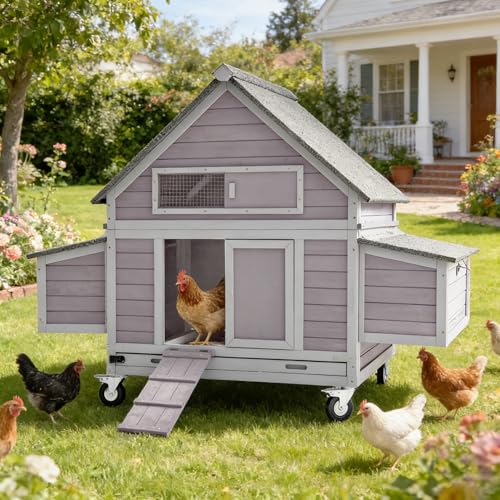 Aivituvin Chicken Coop with Wheels Large Poultry House with Two Nesting Boxes Outdoor Wooden Hen cage - size: 67.0"L x 39.8"W x 49.5"H