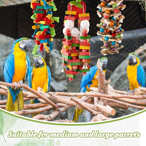 Seenelling 3 Pcs Extra Large Bird Toys for Parrots, Block and Ball | Multicolored Natural Wooden Blocks & Beads Bells, Bird Cage Chewing Toys for Large Medium Macaws African Grey Cockatoos - style: Block and Ball