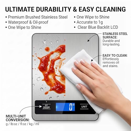 33lb/15kg Digital Food Kitchen Scale, Measuring Recipes Coffee Meat Baking | 1 Gram High Precision Stainless Steel Weight Scale with Timer, Tare & Unit Conversion (g/oz/ml/lb) for Cooking Bread Making