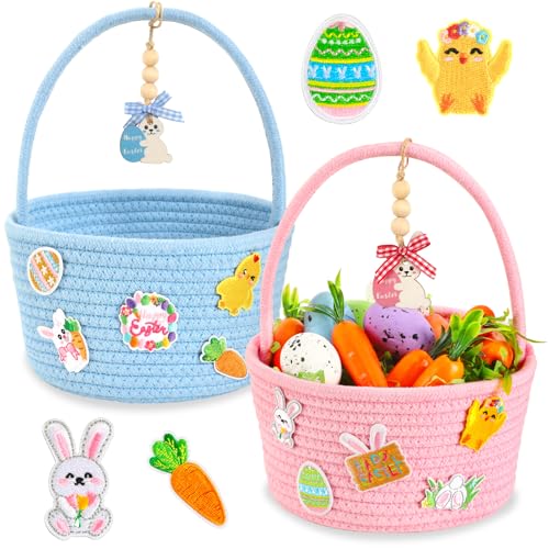 AUGSUN Easter Baskets, Easter Bucket with 10 Bunny Embroidery Patches, 2 Pink Blue Fabric Baskets, 2 Name Tags, Bunny Storage Basket for Kids, Easter Egg Hunt Easter Gifts Party Decor 7.5 * 4 Inches