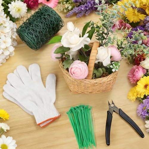 Chicken Wire 4in x 118in with a Pair of Gloves，1 Wire Cutter，50 Pcs Cable Zip Ties, Floral Chicken Wire Mesh 0.8mm Hexagonal Galvanized PVC Coated Garden Netting Fence for Craft Poultry Garden - size: 4in x 118in
