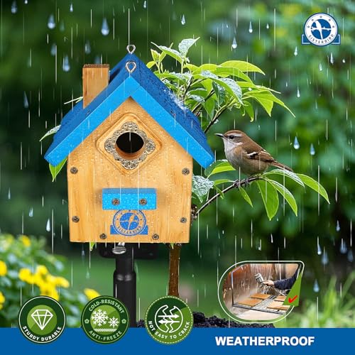 SISTERBIRD Wren Bird House for Outside, Premium Wooden Wren Bird Houses, Hanging Chickadee Bird House, Weatherproof Garden Decor Birdhouses for Outdoors, Blue Color Roof Bird Nesting Titmouse - color: Blue Roof with Log Color