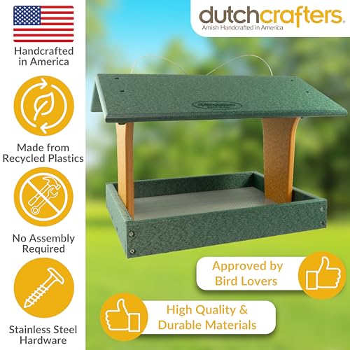 DutchCrafters Plastic Poly Covered Roof Hanging Fly Through Bird Feeder Open Side Platform Seed Tray for Outside Outdoor Garden - Amish American Made in USA (Turf Green & Cedar) - color: Turf Green & Cedar