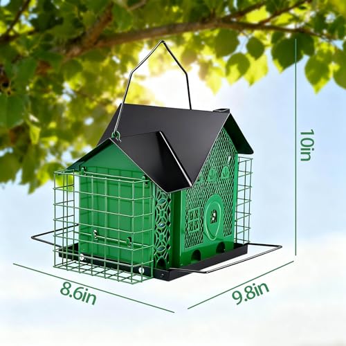 Outdoor Hanging Bird Feeder Large Capacity Durable and Sturdy Decorative Metal Bird Feeder Green and Black Two-Tone Waterproof Design with Sloped Tray Easy-Fill Wild Bird House (Green)