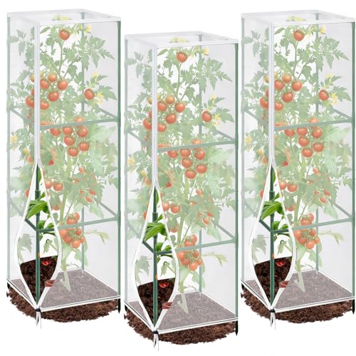 3 Pcs Garden Bird Net Cover for Square Tomato Cage, 59"x17.7" Insect Bird Barrier Tomato Cage Net with Zipper & Drawstring, Tomato Netting Protection Cover for Protecting,Cucumber from Birds, Insects