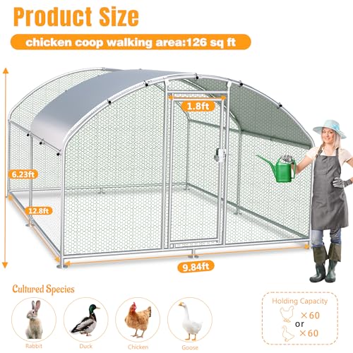 Large Metal Chicken Coop, Chicken Runs for Yard with Cover Walk-in Poultry Cage for 10 20 Chickens, Chicken Pen Duck Coop with Round Water-Resident Top and Feeding Door, Hen House 12.8Lx9.84Wx6.23H FT - size: 153.6"L x 118.1"W x 74.8"H