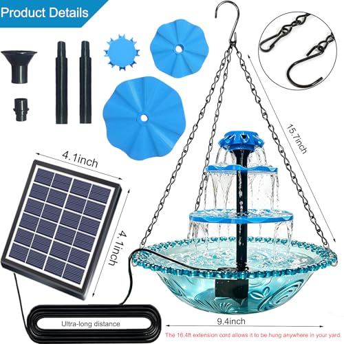 3-Tier Solar Powered Hanging Bird Bath Fountain Cascading Water Feeder for Hummingbirds Wild Birds[16.4FT/Extra Long Cord] for Outdoor,Garden, Patio Decor