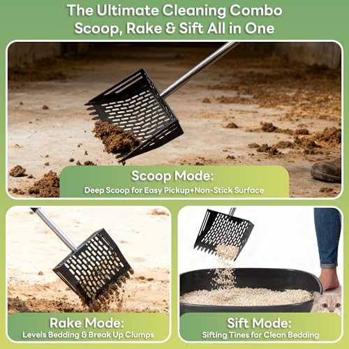 Chicken Poop Scooper & Rake 2-in-1, Adjustable 24'' to 66'' Metal Sand Sifting Shovel for Coop Cleaning, Effortless for Chicken Duck Rabbit Cages, Cat Litter, Fire Ash, Saving Time & Energy