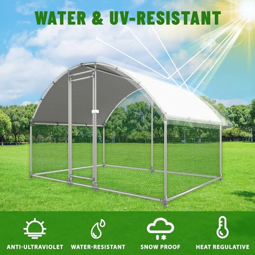 NUGRIART Large Metal Chicken Coop Walk-in Poultry Cage with Water-Resident and Anti-UV Cover Duck Rabbit Cat House Outdoor Chicken Run Pen with Round Roof - size: 6.5’L×10’W×6.5’H