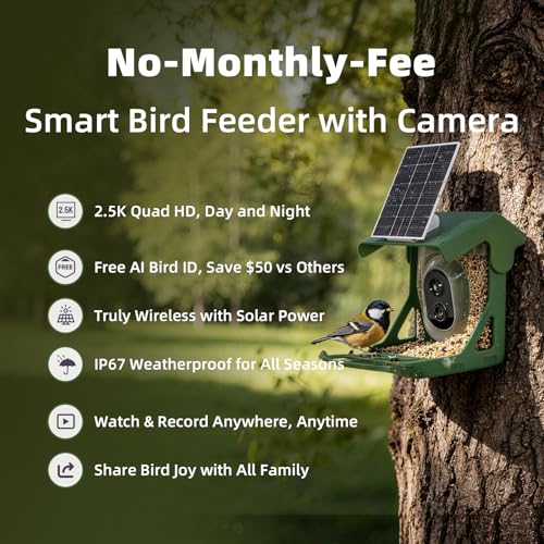 Bird Feeder with Camera Solar Powered, 4MP 2.5K Smart Outdoor Bird House Cam, Free AI Bird Species Identification, Live View & Playback, Instant Alerts, Bird Lovers Gift