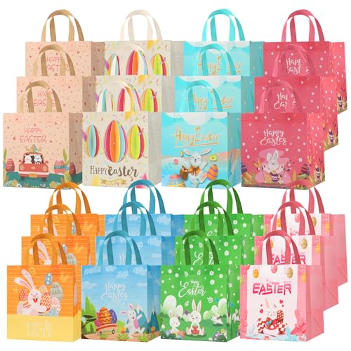 Bszatan 24PCS Easter Gift Bags with Handles, Treat Bags with Happy Bunny Carrot Chick, Multifunctional Non-Woven Easter Baskets for Egg Hunt, Gifts Wrapping, Party Supplies, 8.3×7.9×5.9inch - color: Easter Bags 24 PCS