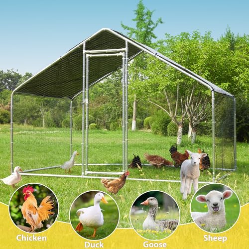 Large Metal Chicken Coops 6.4Lx9.84Wx6.6H FT for 8/10/16 Chickens with Run, Walk in Chicken Run Chicken Pen with Cover and Feeding Door, Spire Poultry Cage Hen House for Yard with Cover - size: 6.4'L x 9.84'W x 6.6'H