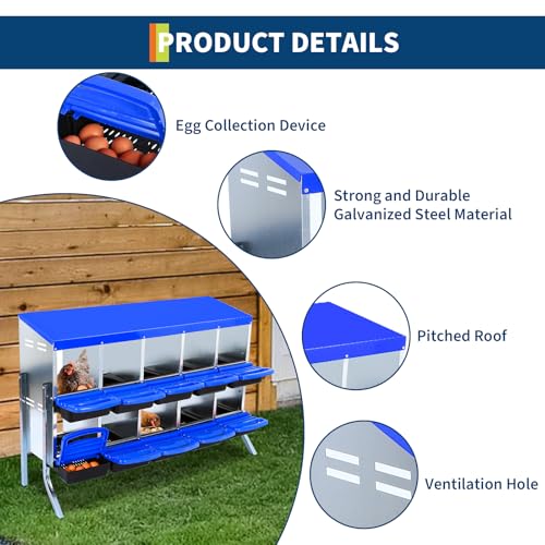 Chicken Nesting Box, 10-Hole Roll Away Egg Laying Box with Lid, Galvanized Steel Rustproof Design - Easy Egg Collection, Easy Clean (with Bracket Legs, Blue) - color: blue, size: 10 HOLES WITH LEGS