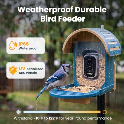 Smart Bird Feeder with Camera, Blue | 2.5K UHD, AI Bird Species Identification, Solar Powered, 2.4G WiFi, IP66 Waterproof Outdoor, Instant Alerts, Gift - color: Blue