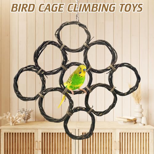 BNOSDM Bird Swing Rings Toy Natural Wood Parrot Climbing Ladder Parakeet Chewing Toys Hanging Budgie Cage Accessories for Green Cheek Conure Cockatiel Lovebird (9 Rings)