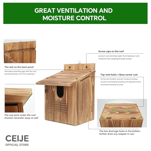 CEIJE Owl Houses for Outdoors, Large Barn Owl Nesting Box, Durable Carbonized Wood for Natural Waterproofing, Assembly Required