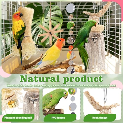QUOZUO Small Bird Toys Paper Scraps Parakeet Cage Accessories with Bell, Rope Swing Hanging Standing Chewing Toy, Wood Bird Toys for Parakeets, Cockatiel, Parrot, 4pcs