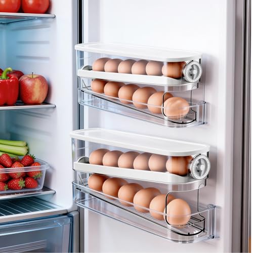 Auto Rolling Egg Holder for Fridge, Egg Dispenser/Organizer/Storage/Container with Lid & Date Timer for Refrigerator, Sturdy and Durable Space-Saving Egg Tray for 12 Large Eggs - size: With Timer