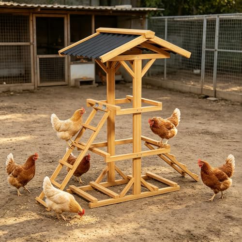 Outdoor Wooden Chicken Roost Perch Multi-Tier Activity Stand | Let Chickens Run, Play & Stay Healthy, Ideal for Backyard Coops & Farms, Fits 8-12 Chickens - color: C02 Brown with Black