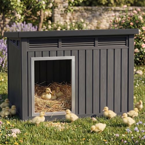 Duck Coop with Hydraulic Air Rod, Resin Duck House, Black | Chicken Coop with Elevated Floor and Air Vents, Weatherproof Openable Roof, For Chicken, Ducks, Rabbits - color: Classic Black, size: 32.2"L x 25.1"W x 24.1"H