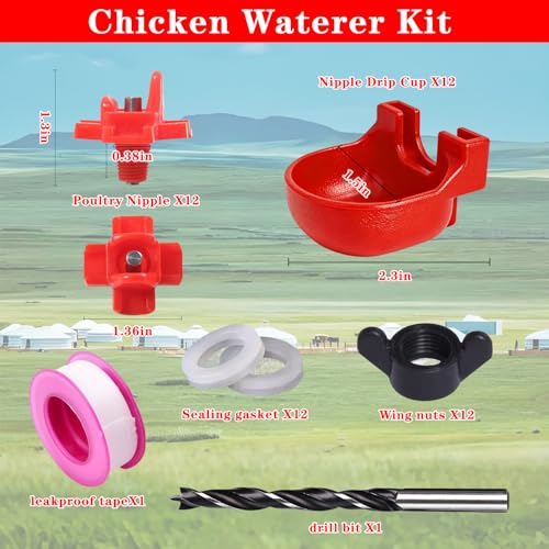 Heavy Duty 12-Pack Automatic Chicken Water Nipples with Cups, Horizontal Leak-Proof Waterer for Coop, Quail, Chicks, Turkeys, Peacocks, fits 5-Gallon Buckets & PVC Pipes