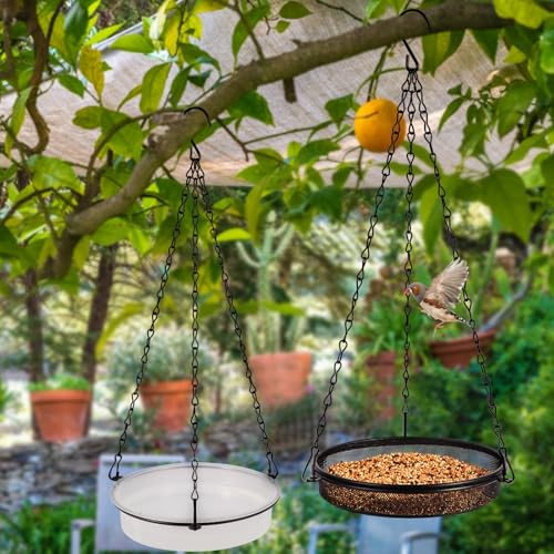 HRAYLTOP 2-in-1 Set Hanging Bird Feeder and Bath for Outdoor, Small Metal Tray Perfect for Attracting Bird - size: 15.75 Inch (2-in-1)