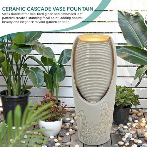 Autodaya 32"H Jar Ceramic Outdoor Water Fountain, Sand Beige Foilage Design | Artisan high-fired ceramic, warm LED ambient lighting, upgraded pump, soothing cascading water feature for garden patio yard - color: 32"h-leaf Pattern Beige Glaze