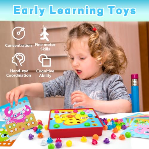 Button Art Pegboard for Toddlers - 12 Pics & 46 Buttons, Gift 3+ | 7.8'' x 7.8'' pegboard with bird theme. Builds fine motor skills, color matching & creativity. Perfect early learning gift