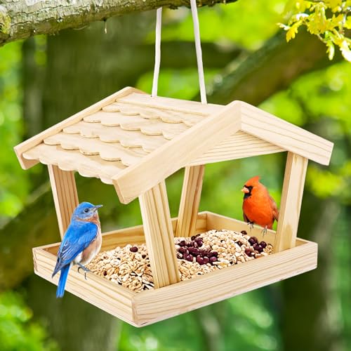 Bird Feeders House, 10x6.3x7.8 Inch Wooden Wild Bird Feeders for Cardinals Finches Bluebird Mealworm, Platform Bird House Feeder for Garden Yard Outside Hanging, Unfinished Wood