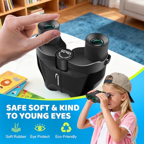 Aurosports 15x25 Compact Binoculars for Kids with Bird Guide Book, Black | Lightweight Easy Focus with Carrying Case & Strap; Durable Fully Coated; Birdwatching Cruise Travel Gift for 8-12 Boys Girls - color: Black