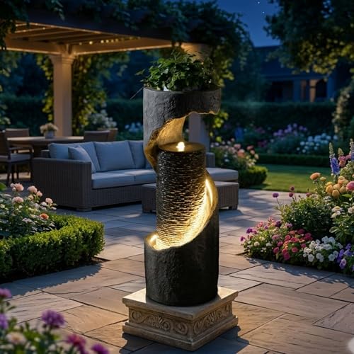 35.5" Tall Outdoor Water Fountain with LED Lights, Resin Cascading Waterfall Feature, Large Indoor/Outdoor Garden Fountains for Patio, Backyard, Porch and Home Decor - color: Gray